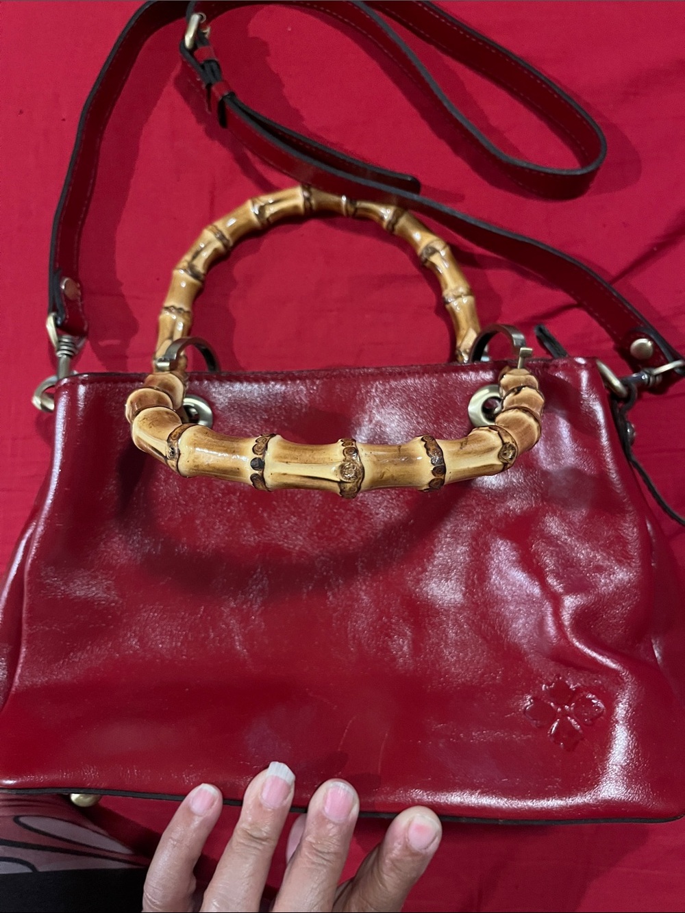 Patricia Nash Red Leather Satchel with Bamboo Handles